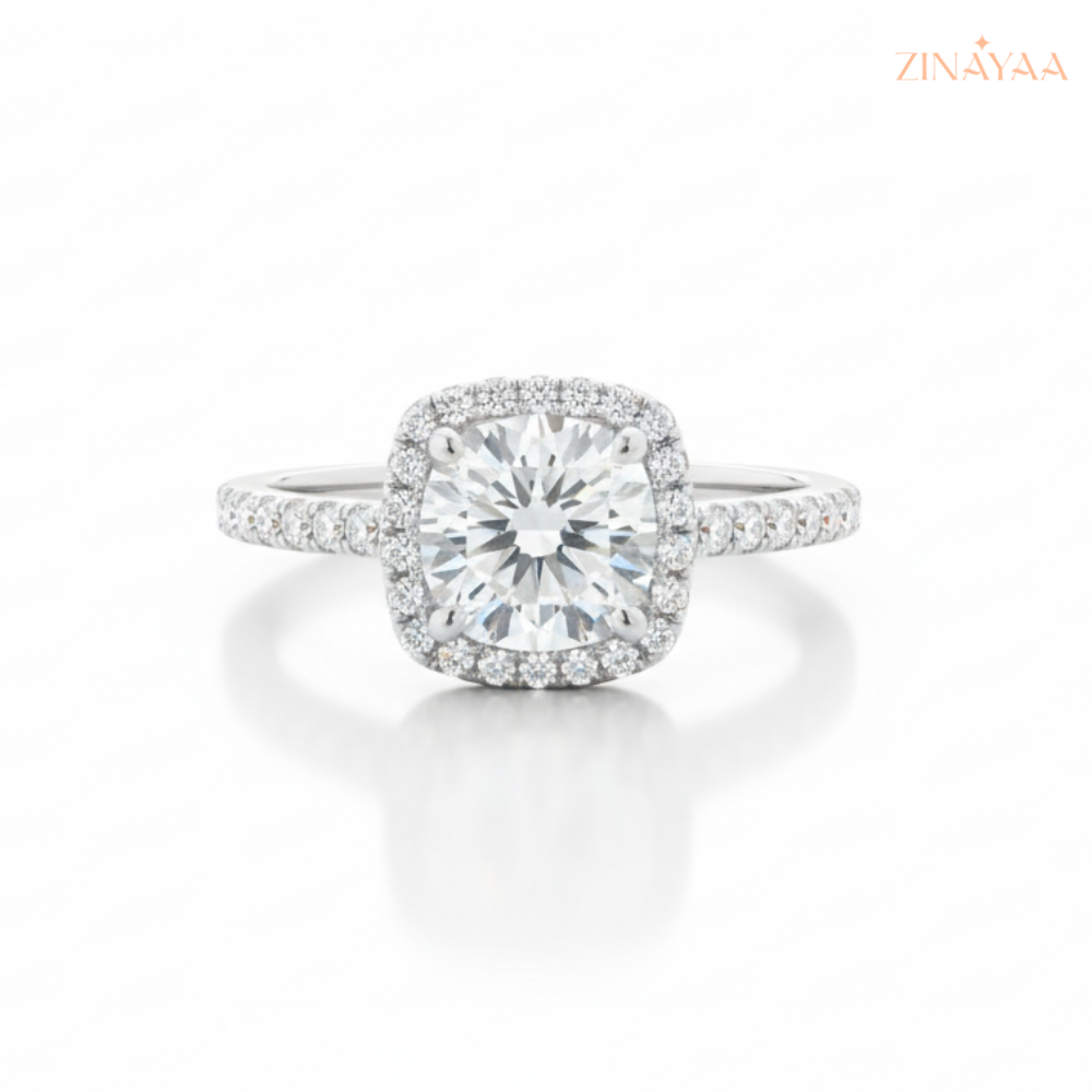 92.5 Sterling Silver Cushion Halo Solitaire Ring For Women