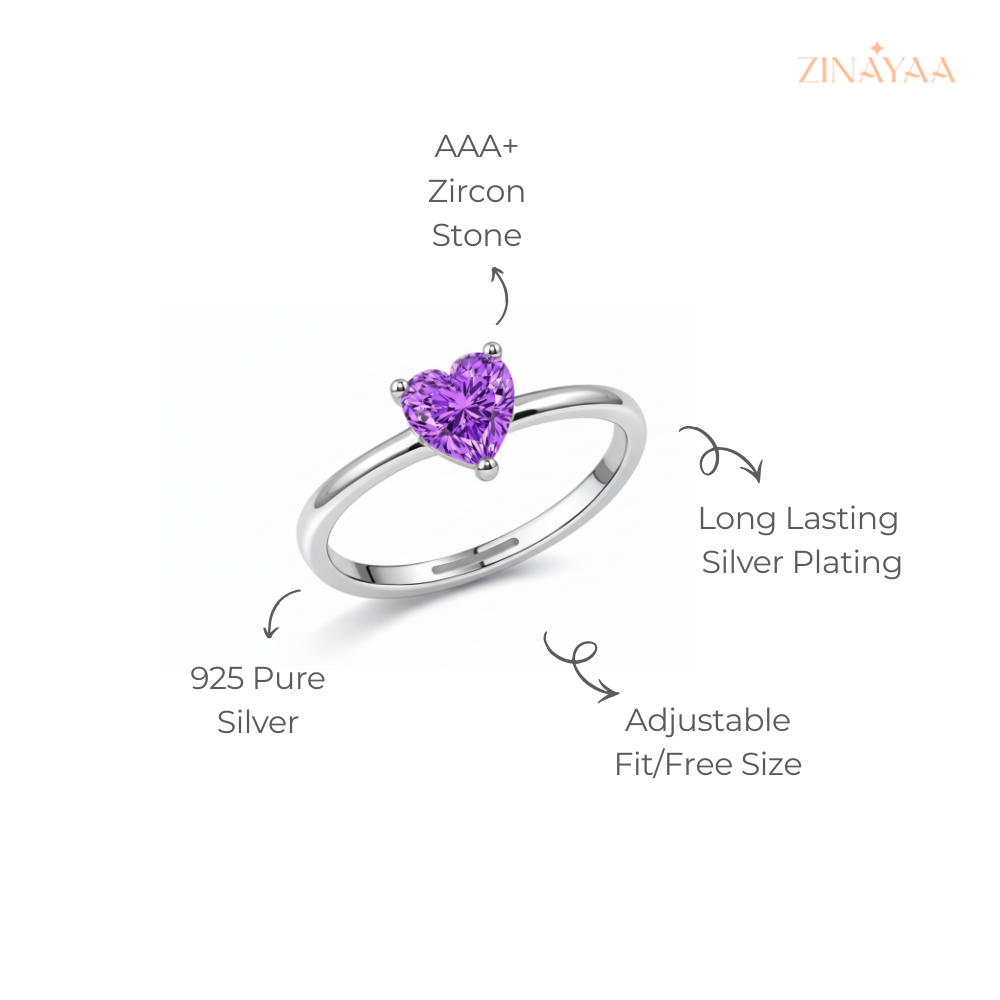 925 Sterling Silver Purple Heart Solitaire Adjustable Ring