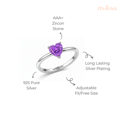 925 Sterling Silver Purple Heart Solitaire Adjustable Ring