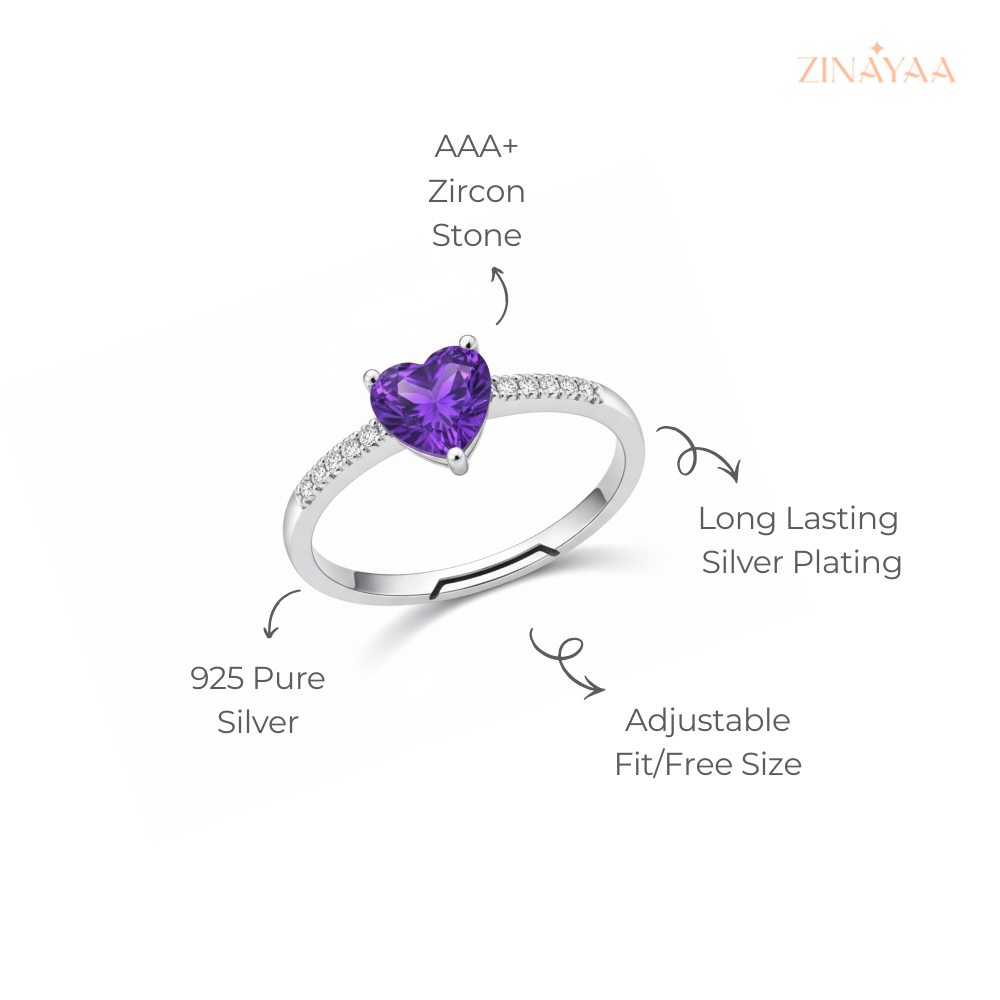 925 Sterling Silver Purple Heart Sparkle Adjustable Ring