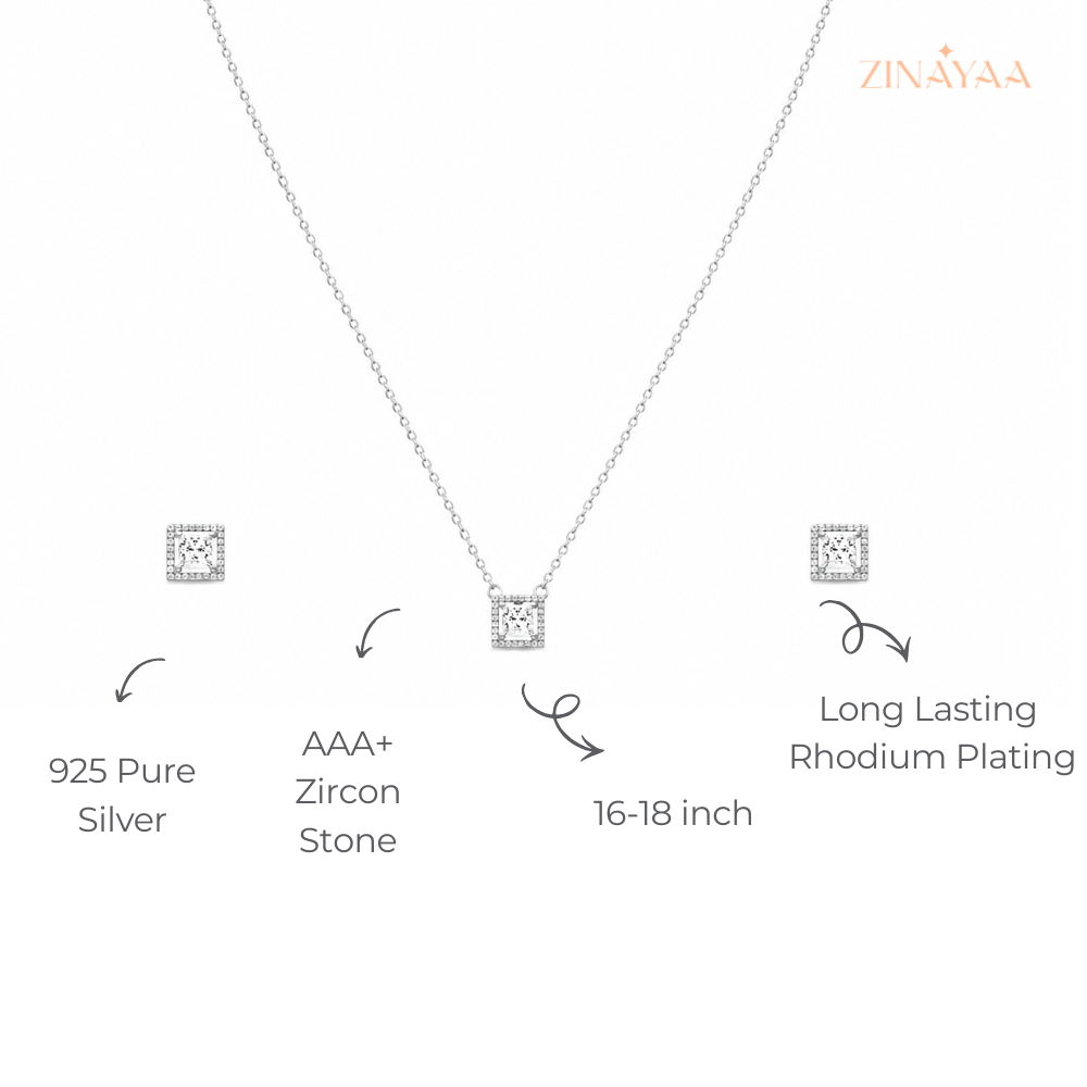 925 Sterling Silver Princess Halo Necklace & Earrings Set