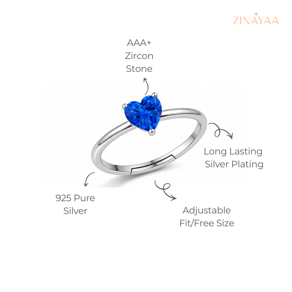 925 Sterling Silver Blue Heart Solitaire adjustable Ring