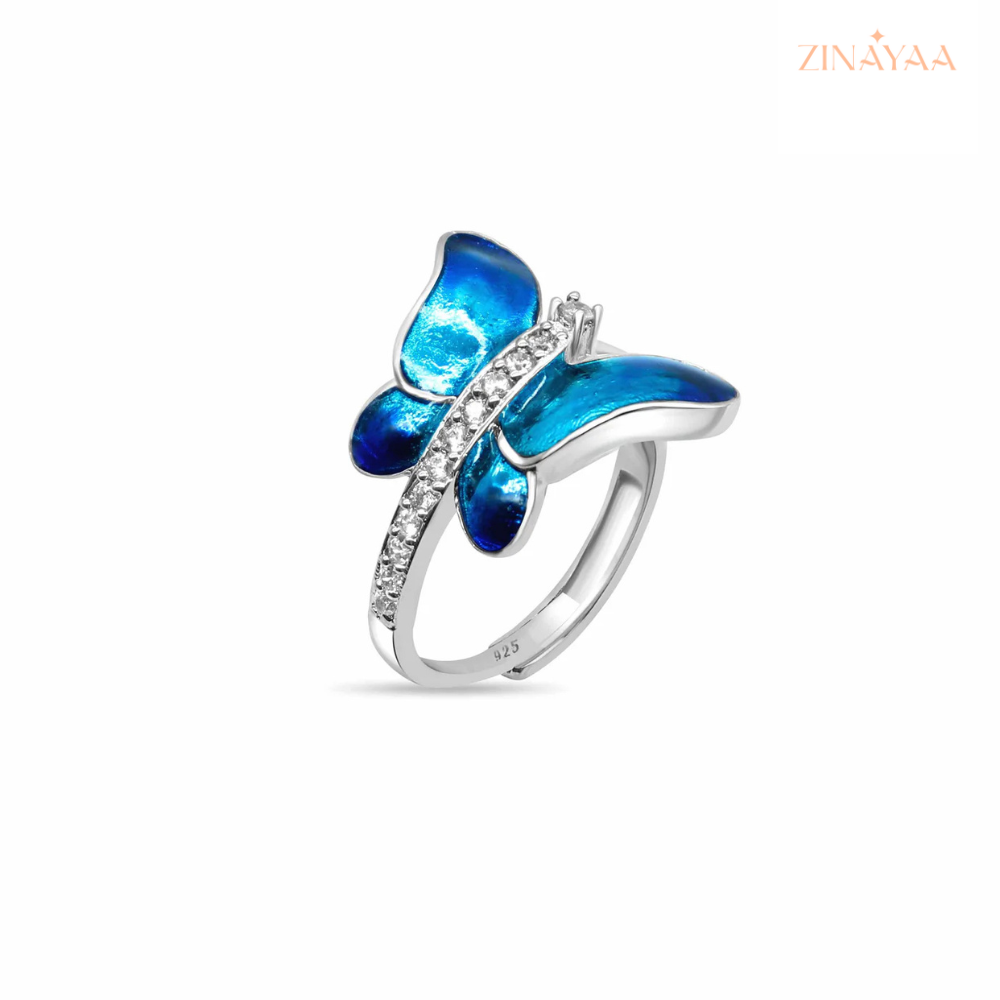 925 Sterling Silver Blue Butterfly Statement AdjustableRing