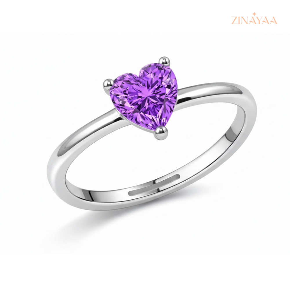 925 Sterling Silver Purple Heart Solitaire Adjustable Ring