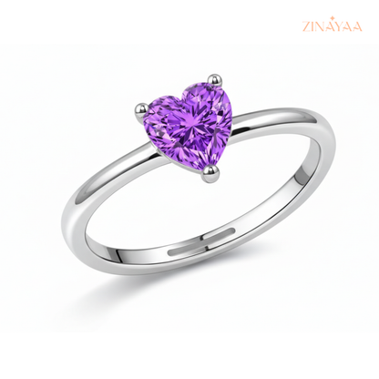 925 Sterling Silver Purple Heart Solitaire Adjustable Ring