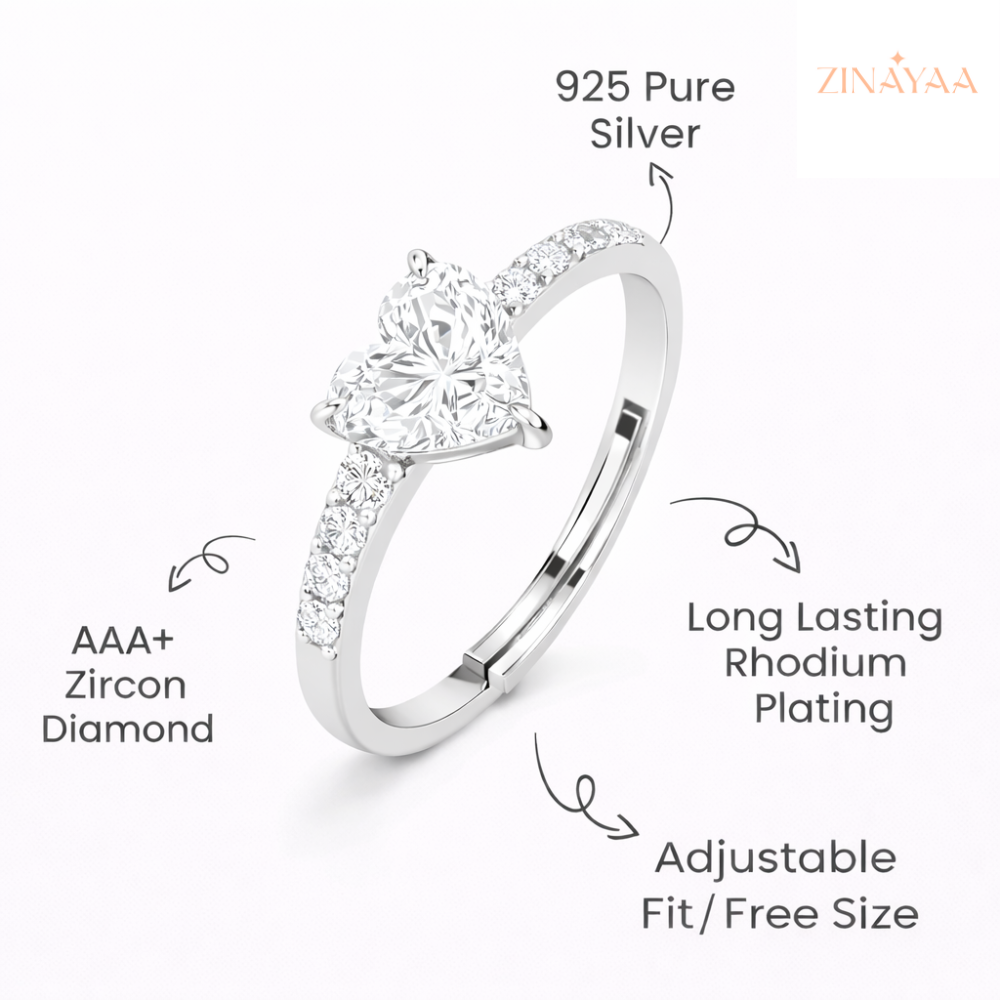 92.5 Sterling Silver Adjustable Heart-Cut Solitaire Ring