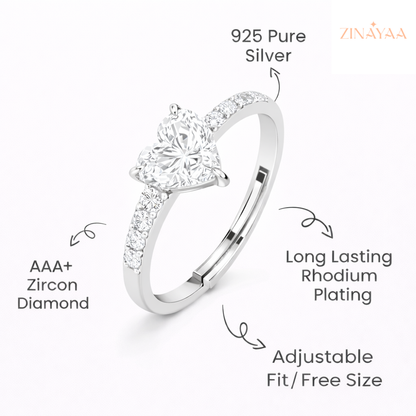 92.5 Sterling Silver Adjustable Heart-Cut Solitaire Ring