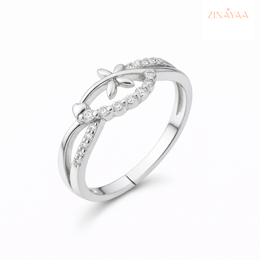 925 Sterling Silver Leaf & Heart Adjustable Ring