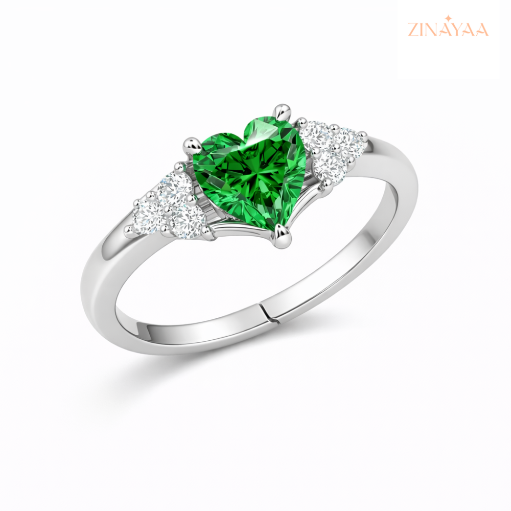 925 Sterling Silver Emerald Heart Halo Adjustable Ring