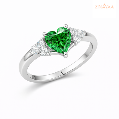 925 Sterling Silver Emerald Heart Halo Adjustable Ring