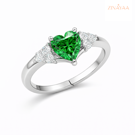 925 Sterling Silver Emerald Heart Halo Adjustable Ring
