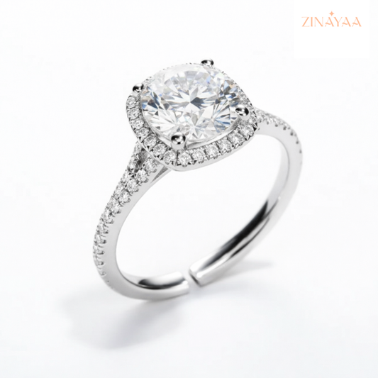 925 Sterling Silver Halo Solitaire Adjustable Ring