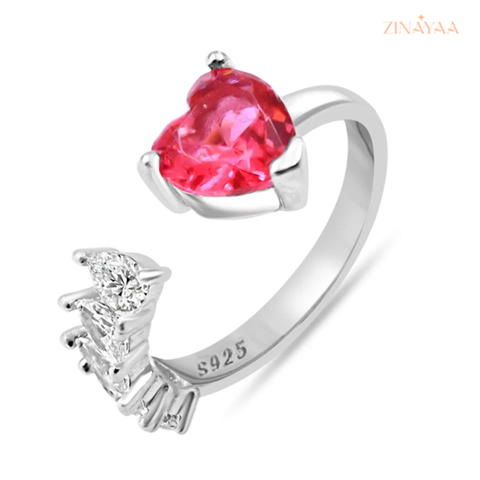 925 Sterling Silver Pink Heart Adjustable Ring