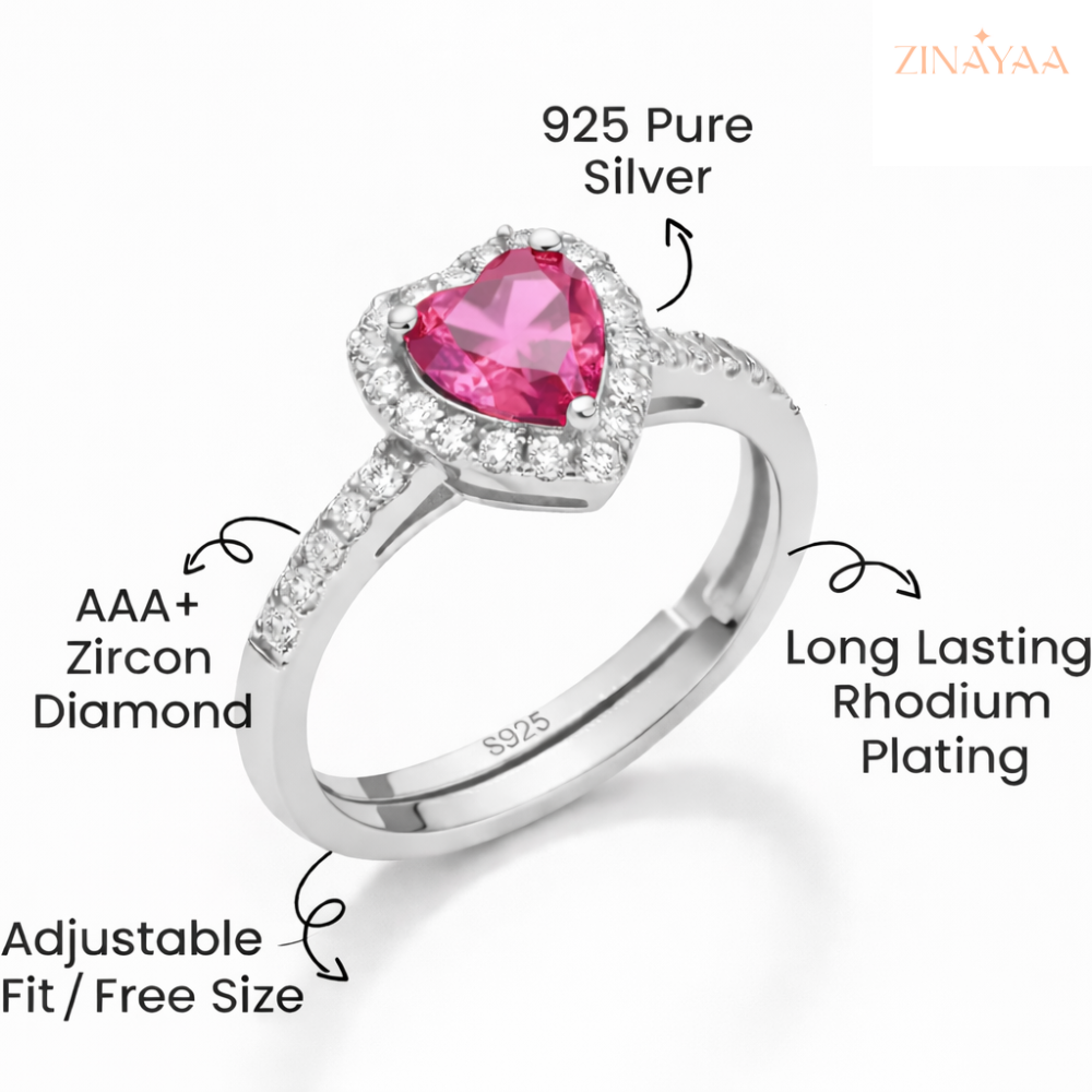 92.5 Sterling Silver Heart Halo Pink Stone Ring For Women