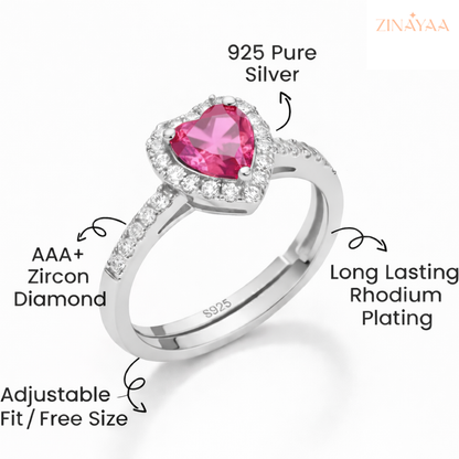 92.5 Sterling Silver Heart Halo Pink Stone Ring For Women
