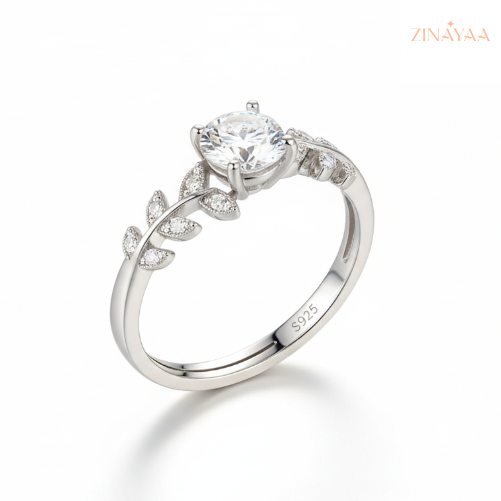 925 Sterling Silver Adjustable Infinity Solitaire Leaf Ring for Women
