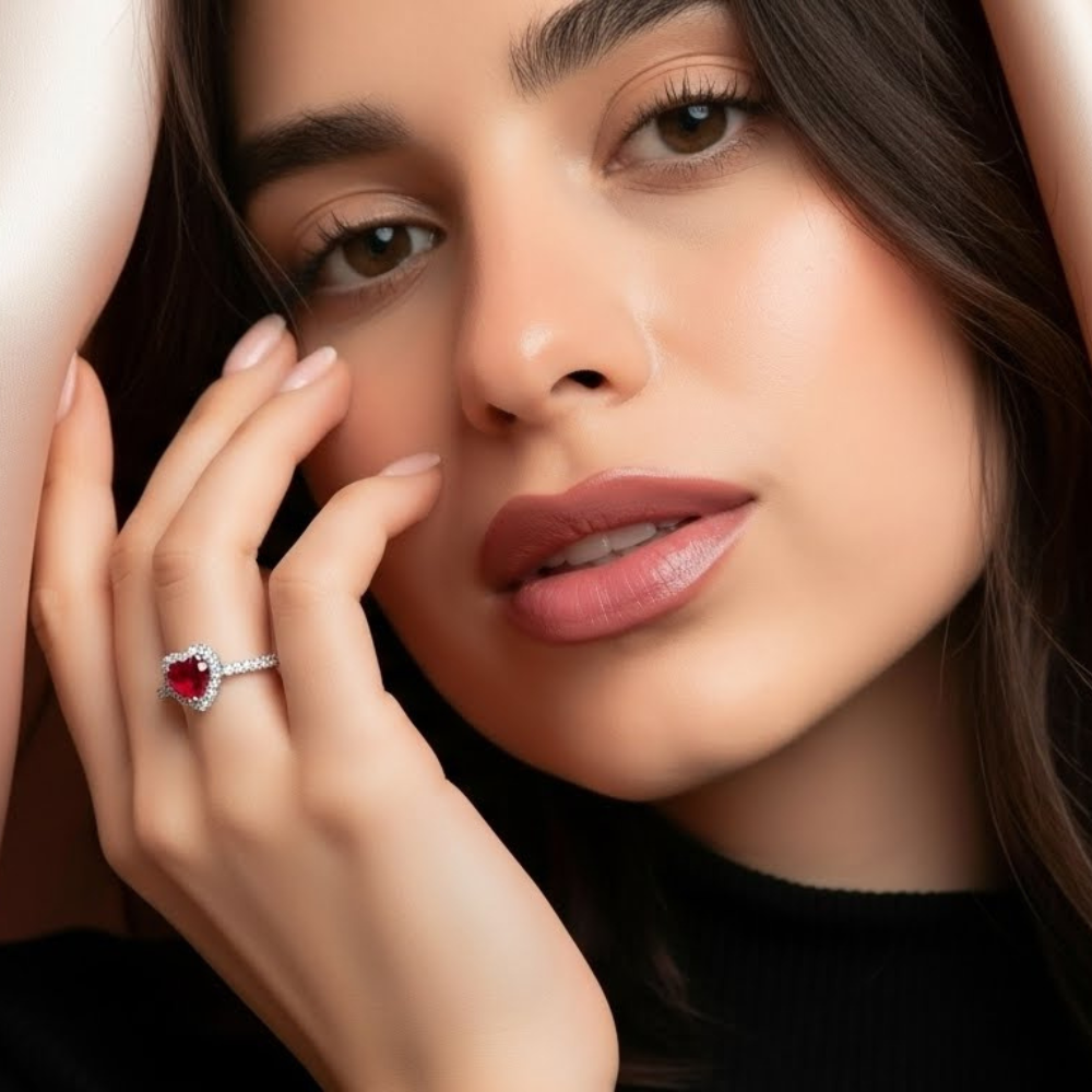925 Sterling Silver Ruby heart Adjustable Ring for Women