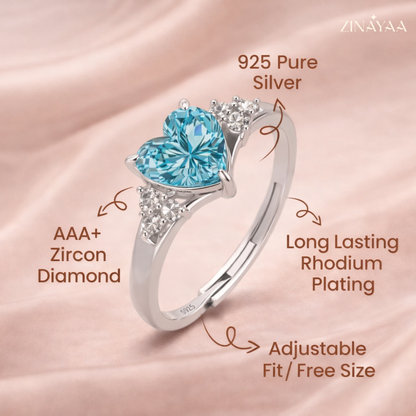92.5 Sterling Silver Adjustable Blue Heart Three-Stone Ring