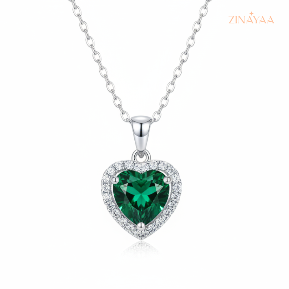 925 Sterling Silver Emerald Heart Halo Adjustable Pendant Necklace