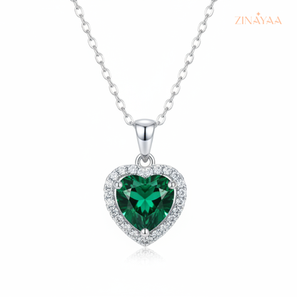 925 Sterling Silver Emerald Heart Halo Adjustable Pendant Necklace