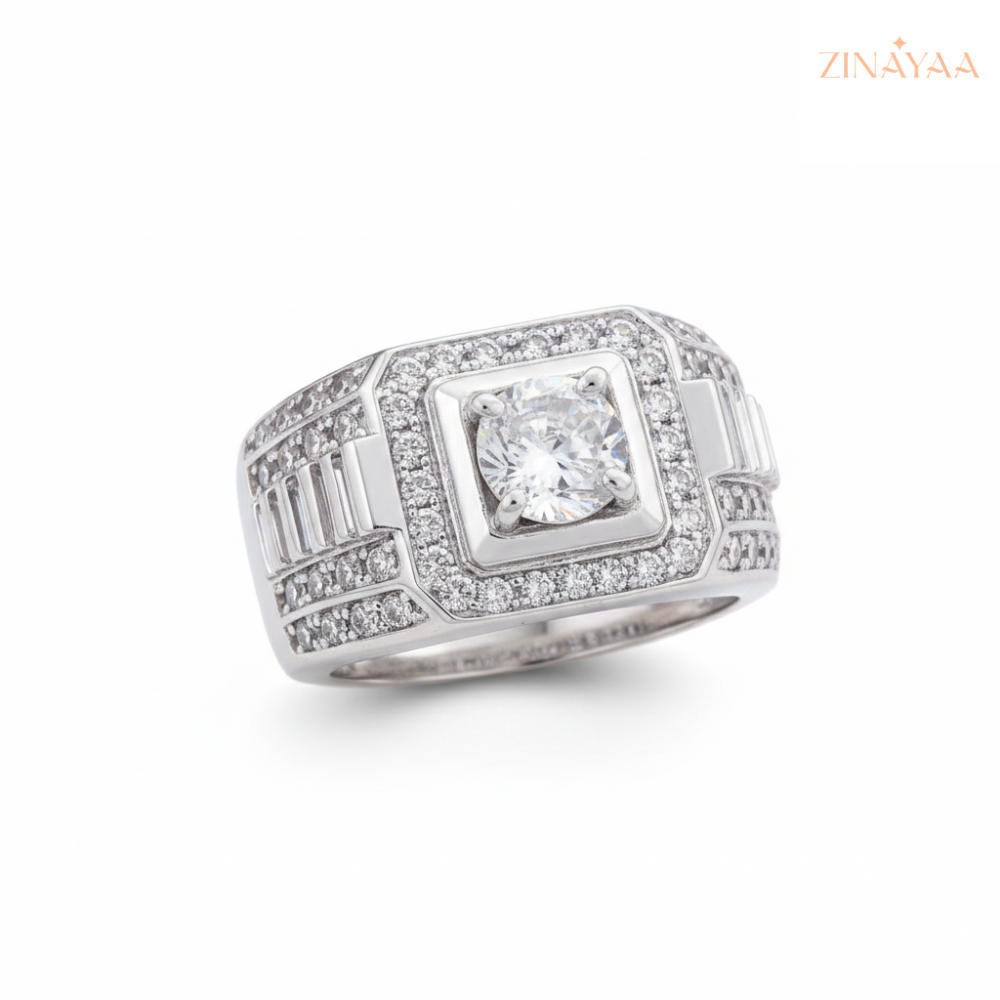 92.5 Sterling Silve Mens Regal Square Halo Adjustable Ring