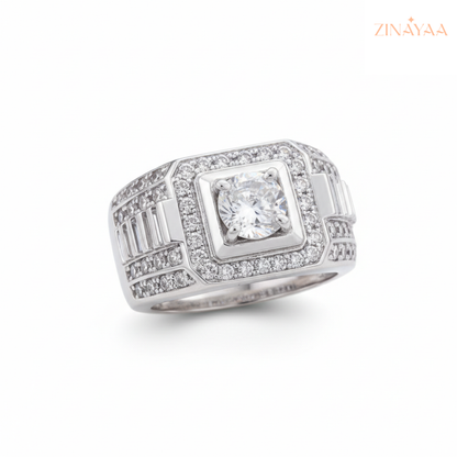 92.5 Sterling Silve Mens Regal Square Halo Adjustable Ring