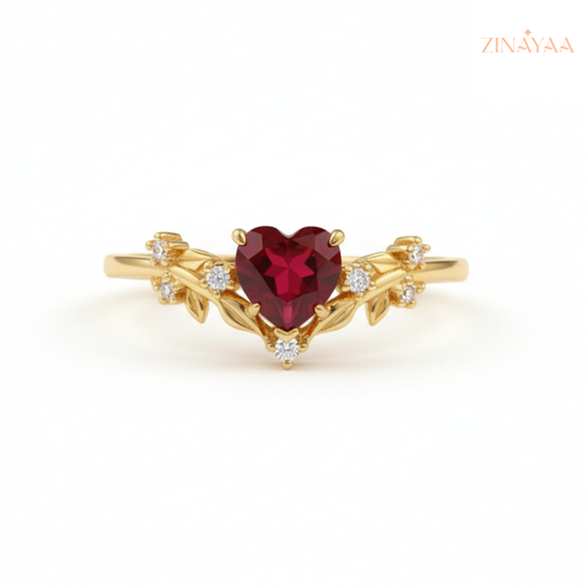 92.5 Sterling Silver Gold Heart-Cut Red Stone Ring For Women