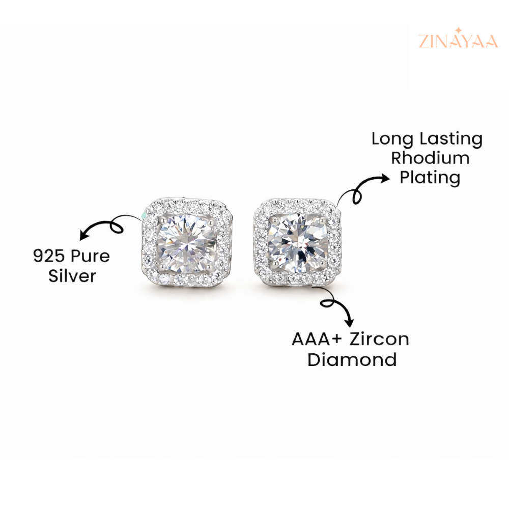 92.5 Sterling Silver Square Earrings Studs