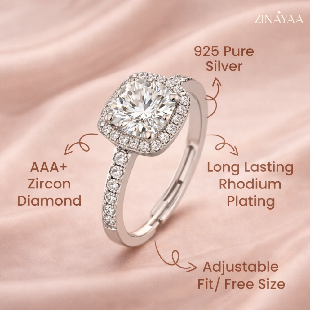 92.5 Sterling Silver Cushion Halo Solitaire Ring For Women