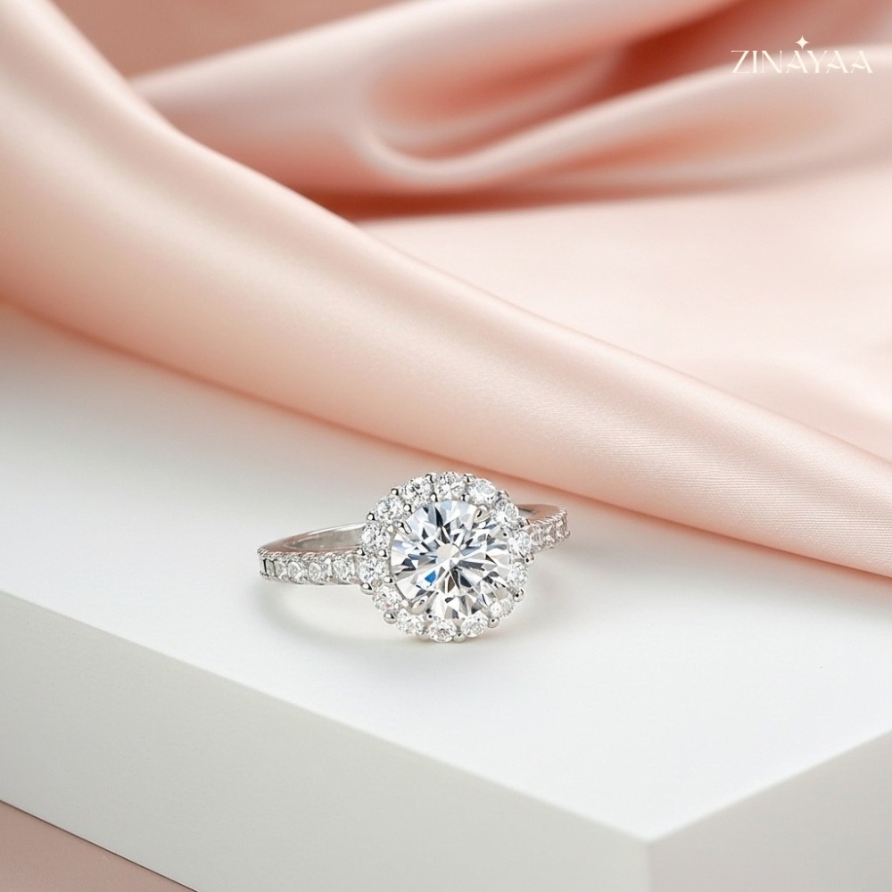 92.5 Sterling Silver Adjustable Round Halo Solitaire Ring