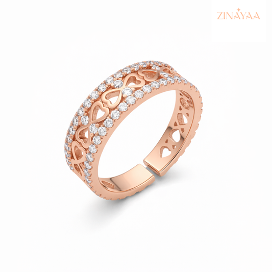 925 Sterling Silver Rose Gold Heart Band Adjustable Ring