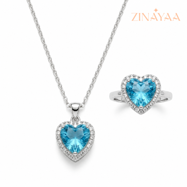 925 Sterling Silver Blue Heart Halo Jewellery Set – Pendant Necklace & Adjustable Ring
