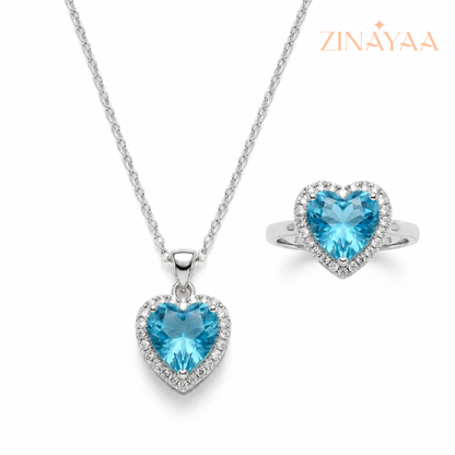 925 Sterling Silver Blue Heart Halo Jewellery Set – Pendant Necklace & Adjustable Ring