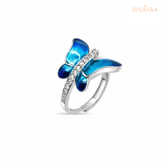 925 Sterling Silver Blue Butterfly Adjustable Ring