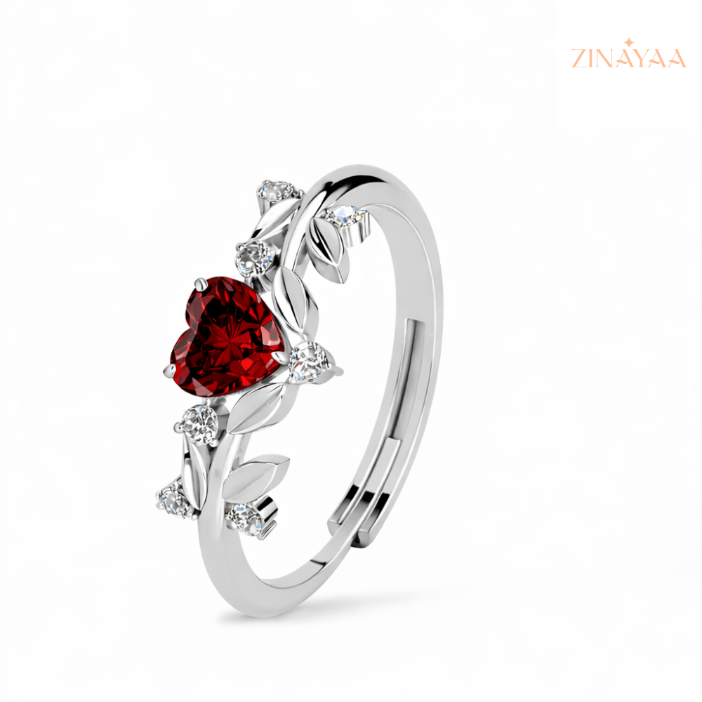 92.5 Sterling Silver Crimson Blossom Heart Women’s Adjustable Ring
