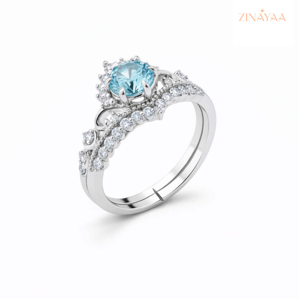 925 Sterling Silver Sky Blue Halo Adjustable Ring