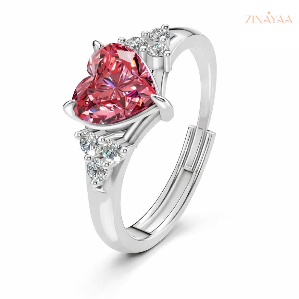 92.5 Sterling Silver Heart-Cut Red Stone Accent Ring for Women