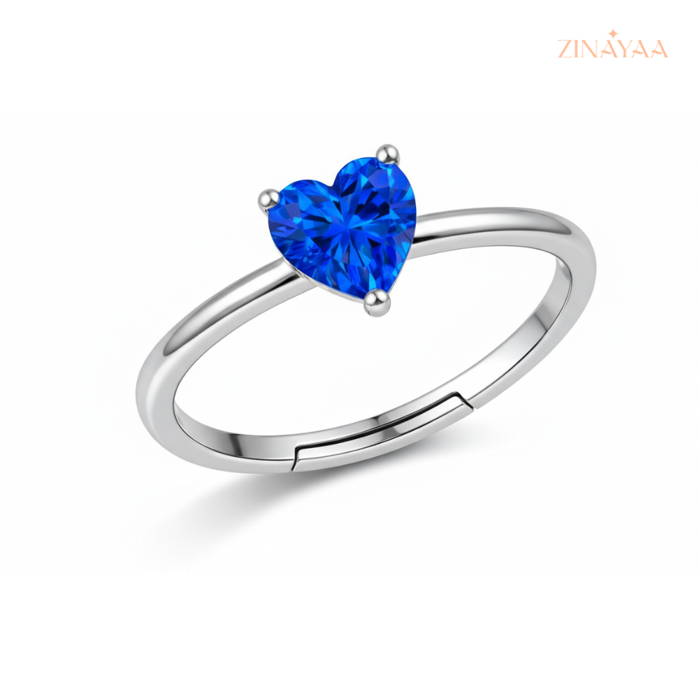 925 Sterling Silver Blue Heart Solitaire adjustable Ring
