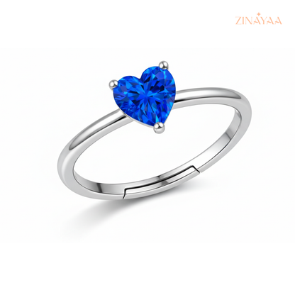 925 Sterling Silver Blue Heart Solitaire adjustable Ring