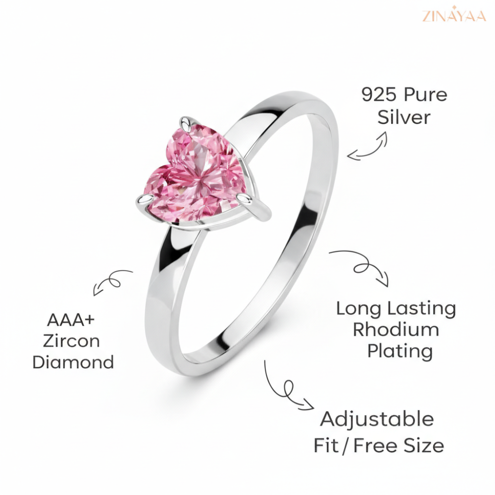 92.5 Sterling Silver Blush Heart Solitaire Adjustable Ring