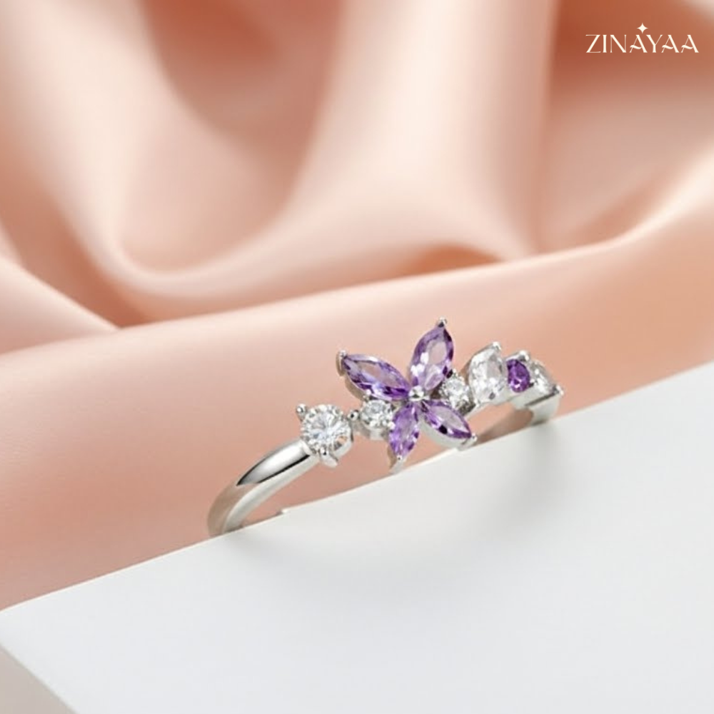 92.5 Sterling Silver Purple Floral Accent Ring For Women