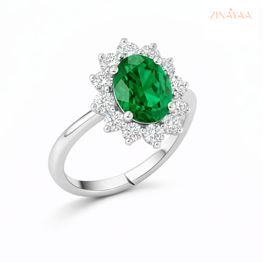 925 Sterling Silver Emerald Halo Adjustable Ring