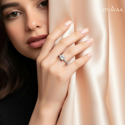 92.5 Sterling Silver Radiant Halo Adjustable Ring
