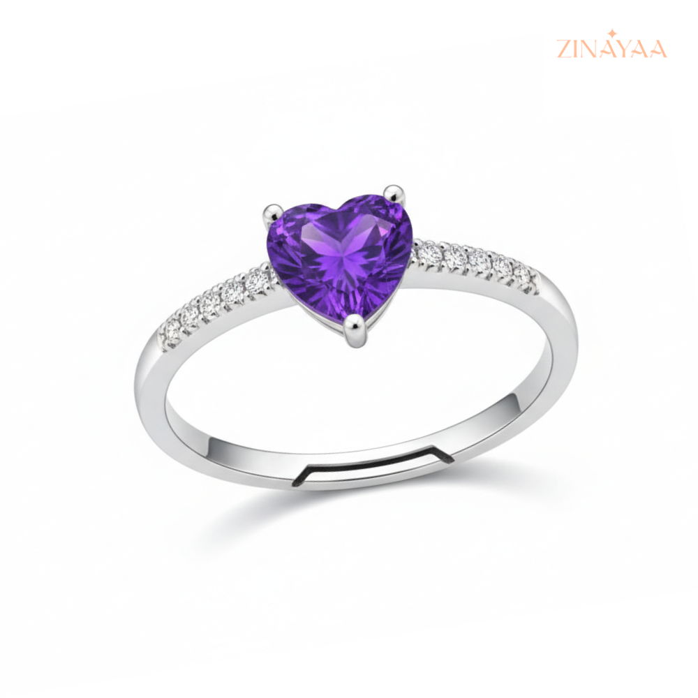 925 Sterling Silver Purple Heart Sparkle Adjustable Ring
