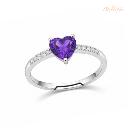 925 Sterling Silver Purple Heart Sparkle Adjustable Ring