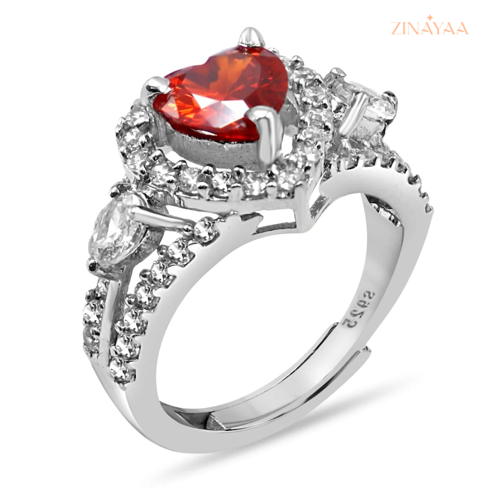 925 Sterling Silver Red Heart Halo Adjustable Ring