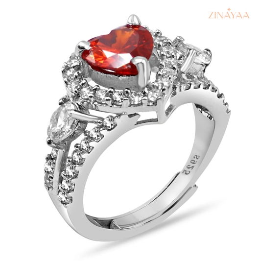 925 Sterling Silver Red Heart Halo Adjustable Ring