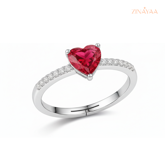 925 Sterling Silver Ruby Heart Adjustable Ring