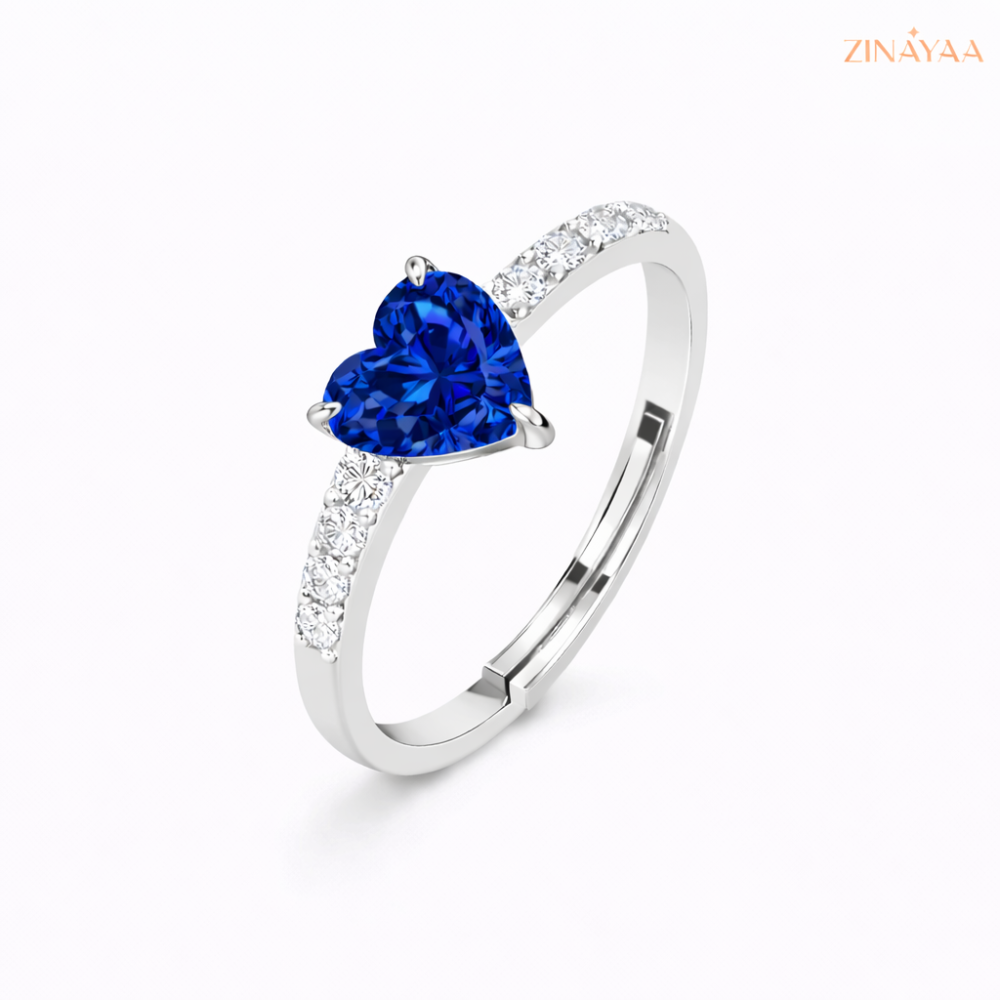 92.5 Sterling Silver Adjustable Heart-Cut Blue Stone Ring