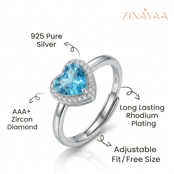 925 Sterling Silver Blue Heart Halo Jewellery Set – Pendant Necklace & Adjustable Ring